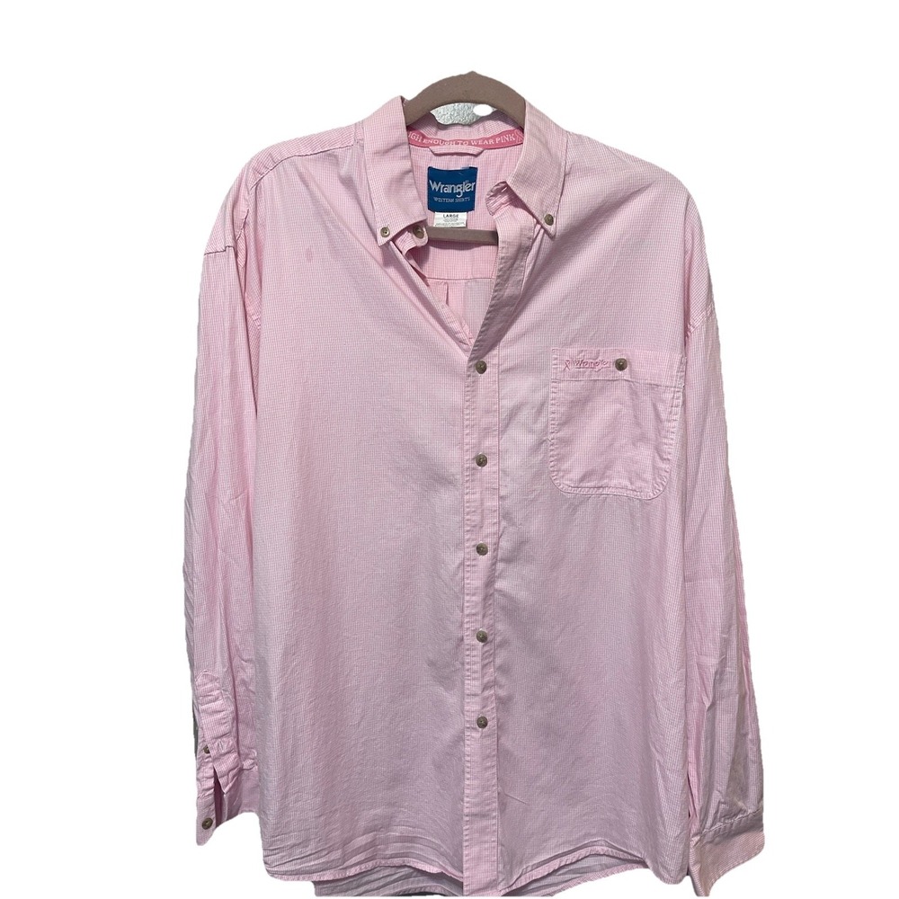 Wrangler Pink Ribbon Check Shirt Mens Size Large Western Button Up Cowboy